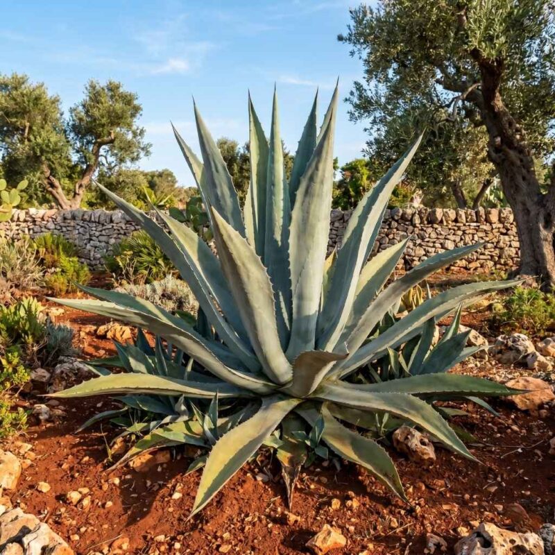 Fotografia realistica in formato quadrato di una monumentale Agave americana con grandi foglie spinose grigio-blu, ambientata in un giardino salentino con terra rossa, muretti a secco e ulivi sotto il sole. Un cartellino recita 'AGAVE AMERICANA - VIVAIO MELLO'.
