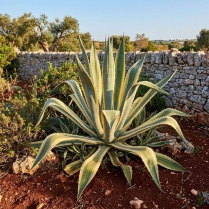 Fotografia realistica in formato quadrato di una grande Agave americana variegata con foglie verdi e striature gialle, ambientata in un giardino salentino con terra rossa e muretti a secco. Nessun testo presente nell'immagine.