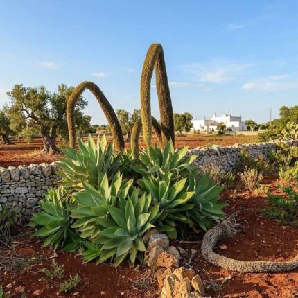 Fotografia realistica in formato quadrato di un gruppo di Agave attenuata in fioritura, con le caratteristiche infiorescenze curve a collo di cigno, ambientata in un giardino salentino con terra rossa, muretti a secco, ulivi secolari e una masseria in lontananza. Nessun testo presente nell'immagine.