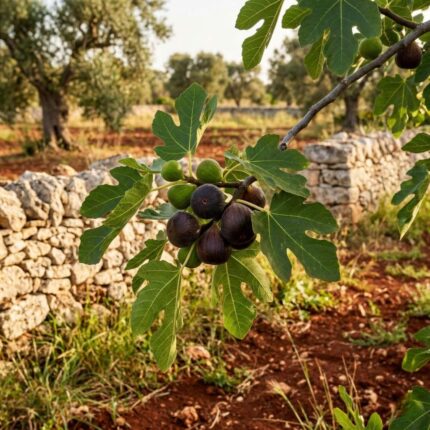Fotografia realistica in primo piano di un ramo di Fico (Ficus carica) con grandi foglie lobate e fichi maturi, immerso nella campagna salentina con terra rossa e muretti a secco sotto la luce del sole.