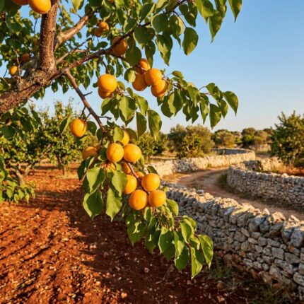Fotografia realistica in primo piano di un ramo di Albicocco (Prunus armeniaca) con frutti maturi di colore arancione dorato e foglie verdi, ambientato in un paesaggio rurale del Salento con muretto a secco.