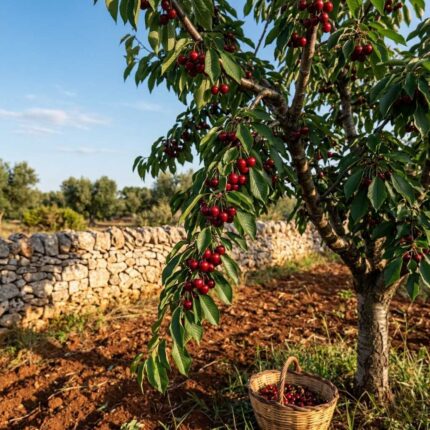 Fotografia realistica in formato quadrato che mostra un grappolo di ciliegie rosse mature appese a un ramo di Prunus avium, immerso in un frutteto salentino con terra rossa e muretti a secco sotto la luce calda del sole.