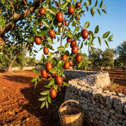 Fotografia realistica in primo piano di un ramo di Giuggiolo (Ziziphus jujuba) carico di giuggiole marroncine e foglie verdi lucide, ambientato nella campagna del Salento con terra rossa e muretti a secco.
