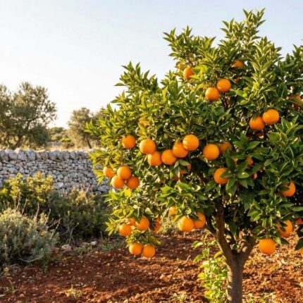 Fotografia realistica che mostra un ramo di Arancio (Citrus chinensis) carico di arance mature e foglie verdi brillanti. L'ambientazione richiama il paesaggio rurale del Salento con terra rossa e muretti a secco in pietra leccese sotto una luce calda e dorata.