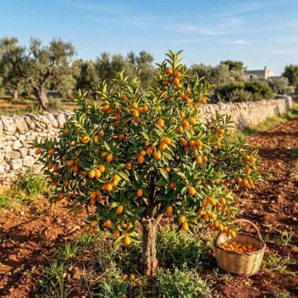 otografia realistica panoramica che mostra un albero di Mandarino Cinese (Kumquat) carico di piccoli frutti arancioni ovali, ambientato nella campagna del Salento con terra rossa e muretti a secco.