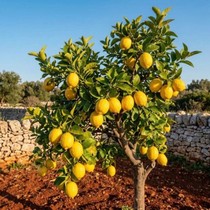 Fotografia realistica e nitida che mostra un ramo di Limone (Citrus limo) carico di frutti gialli maturi e foglie verdi brillanti, ambientato in un tipico paesaggio rurale del Salento con muretto a secco.