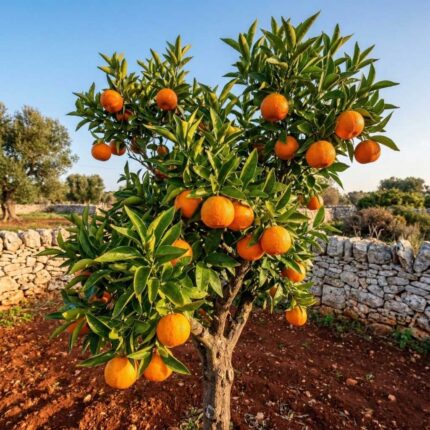 Fotografia realistica in primo piano di un albero di Mandarino/Clementino carico di frutti arancioni maturi e foglie verdi brillanti. Lo sfondo mostra la campagna salentina con terra rossa e un muretto a secco sotto la luce calda del sole.