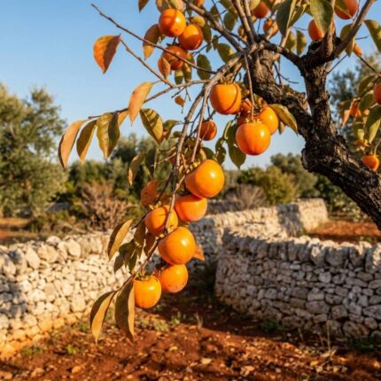 Fotografia realistica che mostra un ramo di Kako (Diospyros kaki) carico di frutti maturi di colore arancione intenso appesi amidst autumn leaves. L'ambientazione richiama il paesaggio rurale del Salento con terra rossa e muretti a secco in pietra leccese sotto una luce calda e dorata.