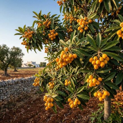 Albero di Nespolo Giapponese (Eriobotrya japonica) con grappoli di frutti arancioni maturi, ambientato in un tipico paesaggio del Salento con muretto a secco.