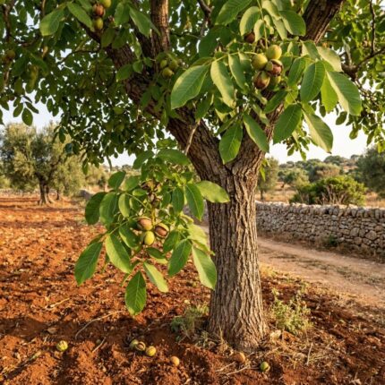 Fotografia che mostra un maestoso albero di Noce (Juglans regia) nel paesaggio rurale del Salento. I rami sono carichi di frutti maturi (noci) all'interno del mallo verde e con il guscio marrone visibile. Sullo sfondo si distinguono la caratteristica terra rossa e un tradizionale muretto a secco in pietra leccese, sotto una calda luce mediterranea.