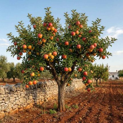 Vendita Melo Salento - Albero di Malus domestica carico di frutti maturi e fiori, ambientato in un tipico paesaggio rurale con muretti a secco tra Lecce, Brindisi e Taranto