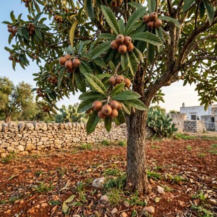 Fotografia che mostra un ramo di un albero di Nespolo di Germania (Mespilus germanica) carico di frutti maturi marroni con l'apertura caratteristica sulla sommità. L'ambientazione richiama il paesaggio rurale del Salento con i tradizionali muretti a secco e il terreno rosso argilloso.