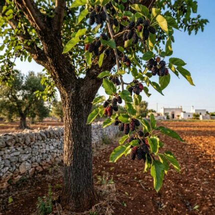 Ramo di Gelso Nero (Morus nigra) con frutti maturi scuri, ambientato in un giardino rurale del Salento con terra rossa e muretti a secco.