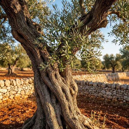 Maestoso albero di olivo secolare con tronco nodoso in un campo di terra rossa circondato da muretti a secco sotto la luce del tramonto salentino.