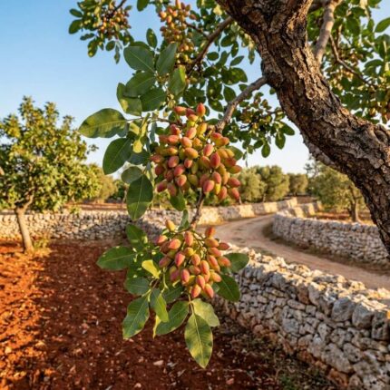Ramo di Pistacchio con grappoli di frutti racchiusi in malli rosati e verdi, immerso nel paesaggio rurale del Salento con terra rossa e muretti a secco illuminati dal sole.