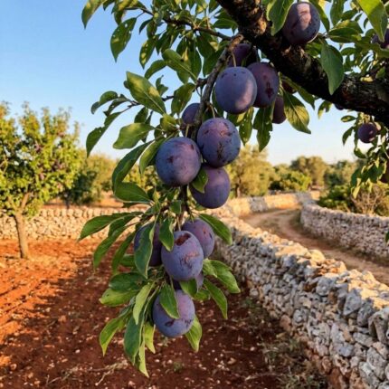 Fotografia realistica che mostra un ramo di Susino (Prunus domestica) carico di prugne mature di colore viola scuro appese amidst green leaves. L'ambientazione richiama il paesaggio rurale del Salento con terra rossa e muretti a secco in pietra leccese sotto una luce calda e dorata.