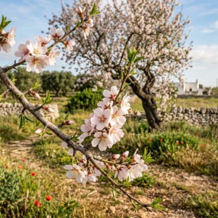 Vendita Mandorlo Salento - Esemplare di Prunus dulcis fiorito in un giardino con muretti a secco tra Lecce, Brindisi e Taranto, fotorealismo 8k.