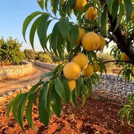 Fotografia realistica che mostra grappoli di percoch maturi appesi a un ramo di Pesco (Prunus persica, varietà Percocca) carico di frutti. L'ambientazione richiama il paesaggio rurale del Salento con terra rossa e muretti a secco in pietra leccese sotto una luce calda e dorata.