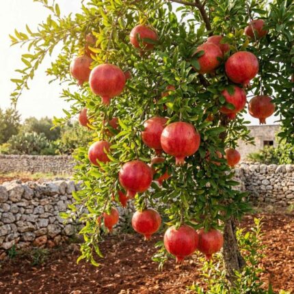 Vendita Melograno Salento - Pianta di Punica granatum carica di frutti maturi, ambientata tra i muretti a secco delle campagne di Lecce e Brindisi