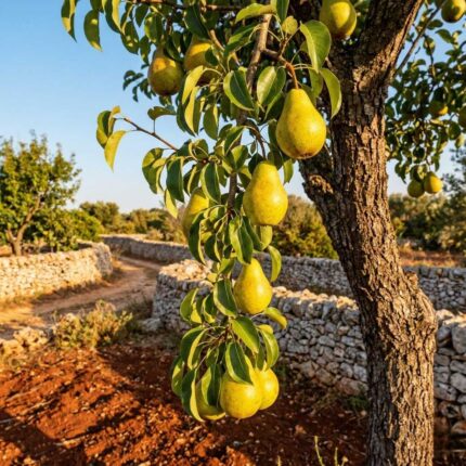 Fotografia che mostra grappoli di pere mature appese a un ramo di Pero (Pyrus communis) caricato di frutti. L'ambientazione richiama il paesaggio rurale del Salento con terra rossa e muretti a secco in pietra leccese sotto una luce calda e dorata.