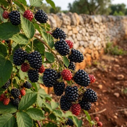 Pianta di more senza spine (Rubus fruticosus) con frutti maturi neri e rossi su uno sfondo di muretto a secco e terra rossa nel Salento.