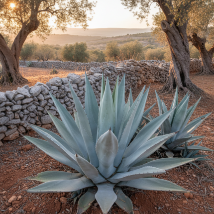 Agave guiengola con foglie argentee in un giardino del Salento