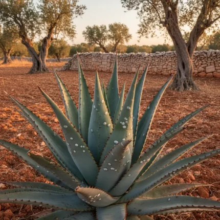 Pianta di Aloe aculeata con le tipiche spine su terra rossa salentina