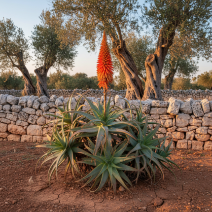Pianta di Aloe Arborescens con fiori rossi in un paesaggio salentino con muretto a secco.