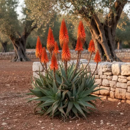 Esemplare di Aloe Arborescens con fiori rossi in un giardino salentino