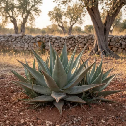 Pianta di Aloe Vera in un giardino salentino con terra rossa e muretti a secco
