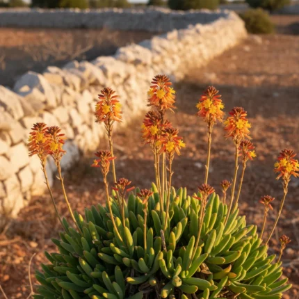 Pianta di Bulbine frutescens con fiori arancio e giallo su terra rossa salentina