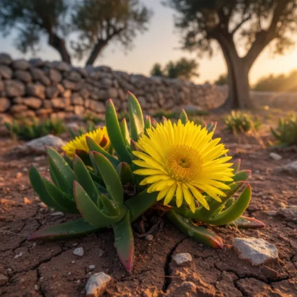 Pianta di Carpobrotus edulis con fiori gialli su terra rossa salentina