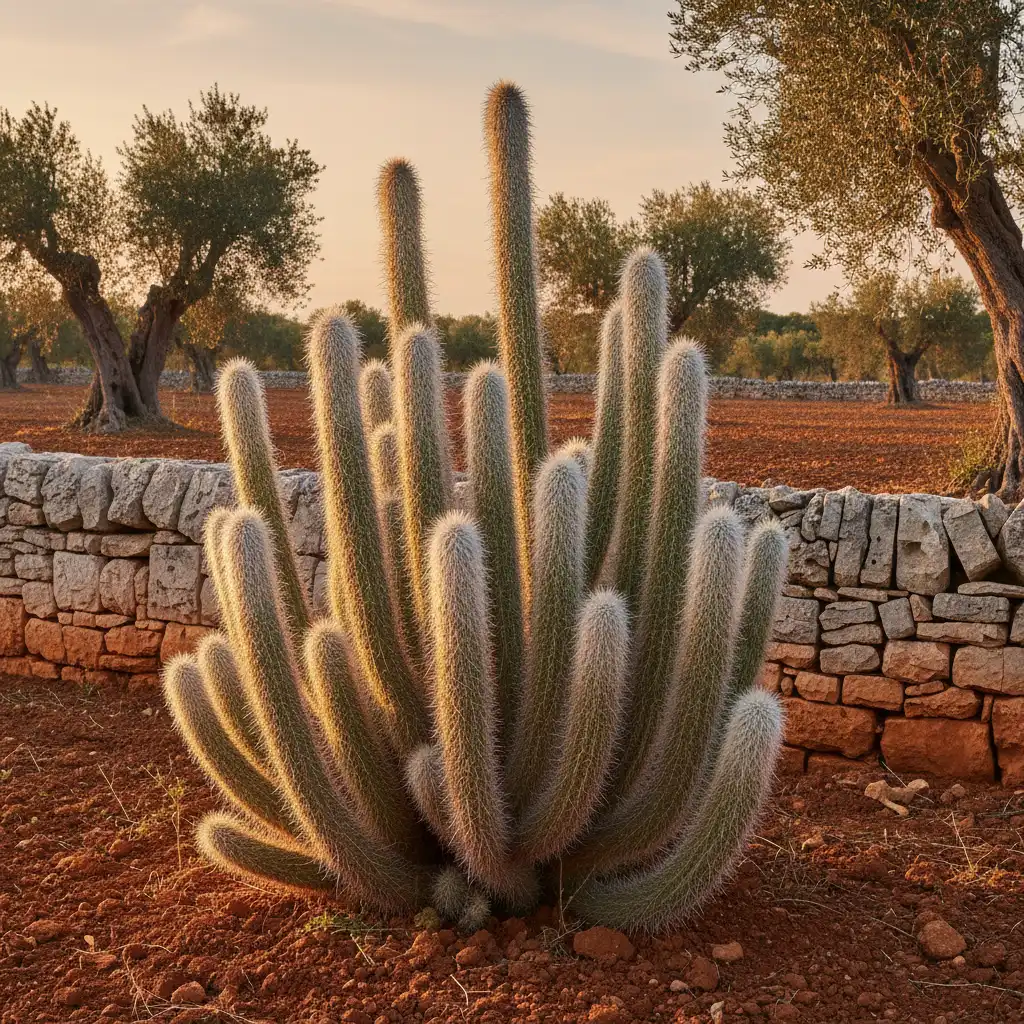 cleistocactus-strausii---torcia-dargento-salento Esemplare di Cleistocactus strausii, cactus colonnare con spine bianche argentee, in un contesto rurale salentino.