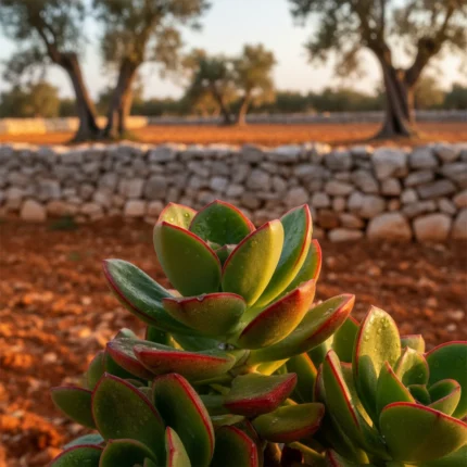 Cotyledon Macrantha con foglie carnose e bordi rossi in un giardino mediterraneo