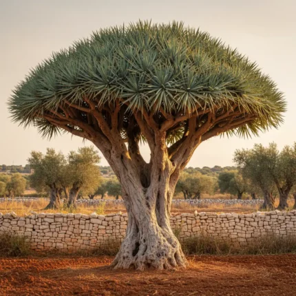 Esemplare di Dracena Drago in un giardino rurale salentino con terra rossa.
