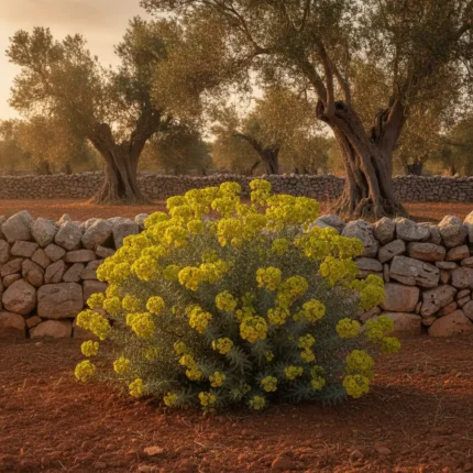 Esemplare di Euphorbia ceratocarpa con fiori gialli in un tipico paesaggio pugliese