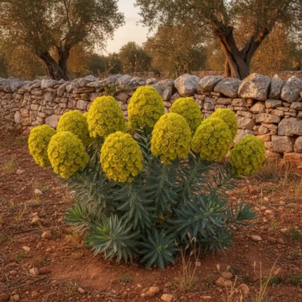 Esemplare di Euphorbia Characias Wulfenii con fioritura verde acido nel Salento
