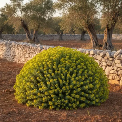 Pianta di Euphorbia dendroides nel Salento con muretto a secco e terra rossa