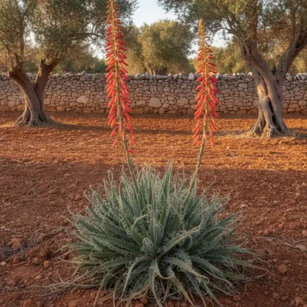 Hesperaloe Parviflora con fiori rossi in un giardino mediterraneo del Salento