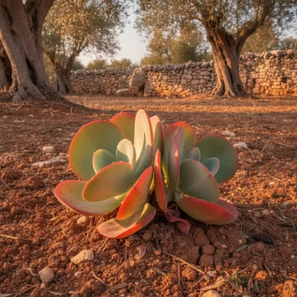 Kalanchoe Thyrsiflora pianta grassa in un giardino del Salento con muretti a secco
