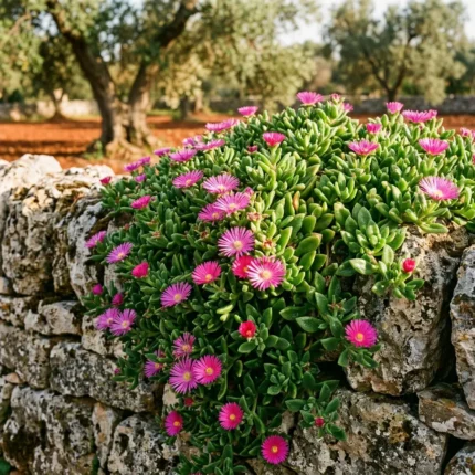 Pianta succulenta fiorita di Barba di Giove Mesembryanthemum su muretto a secco nel Salento