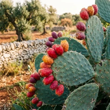 Esemplare di Opuntia ficus-indica con frutti maturi vicino a muretto a secco nel Salento