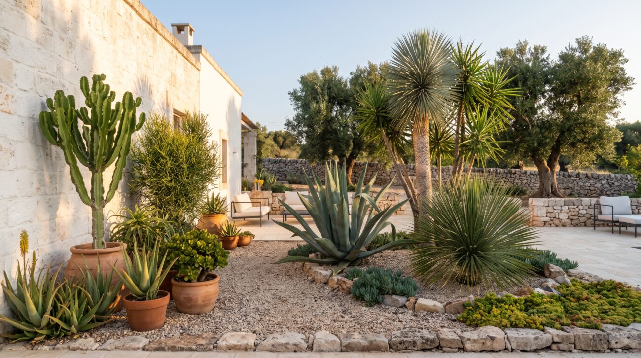 Progettazione giardino di piante succulente e grasse con agave, yucca ed euforbia nella corte di una masseria nel Salento - Vivai Mello Alessandro
