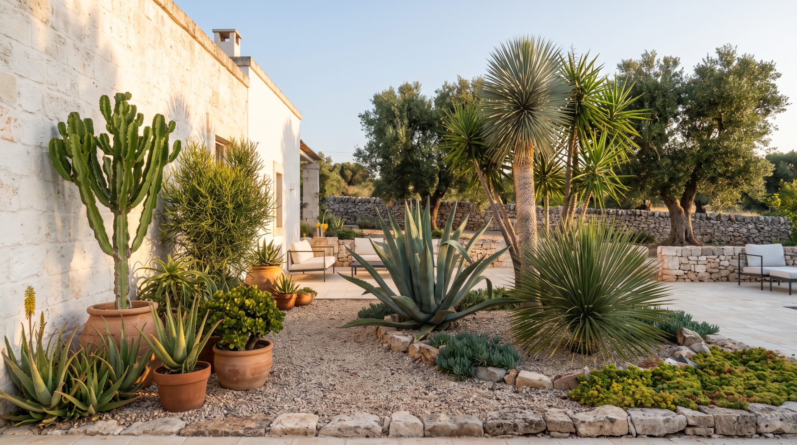 Progettazione giardino di piante succulente e grasse con agave, yucca ed euforbia nella corte di una masseria nel Salento - Vivai Mello Alessandro